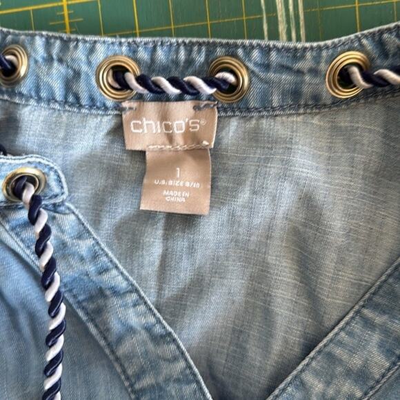 Chico's  sz 1 Small Women's Pullover Top Long Sleeves Snaps Nautical Tie Pockets - Picture 3 of 5